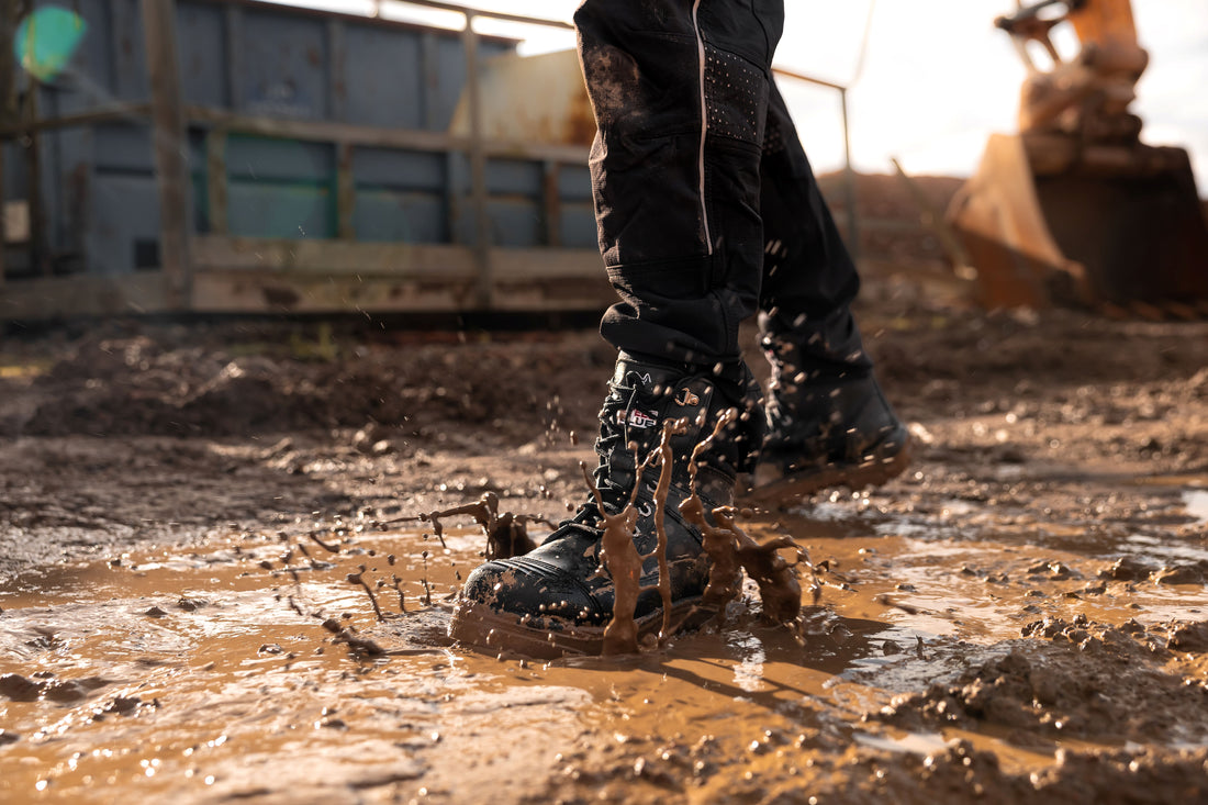 Black Steel Blue Southern Cross Waterproof S7 boot splashing through mud on a construction site