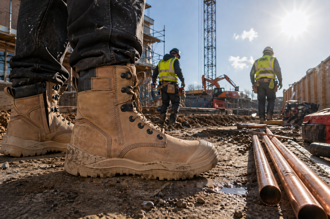Construction site with workers in safety vests and boots, focusing on a pair of stone Mongrel work boots.